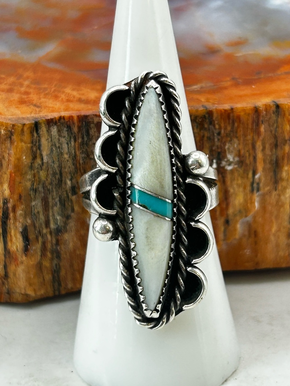 Southwest Sterling Silver Turquoise and Mother of Pearl Ring - Size 7.5